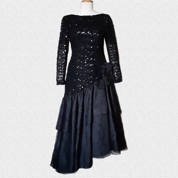 Petina Dresses & Skirts - VINTAGE Lace Black Asymmetric Dress, Genuine Vintage 70s, Shiny embellished
